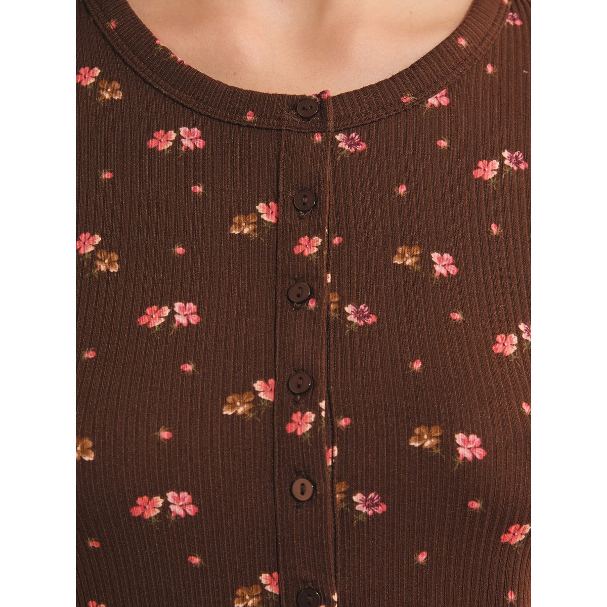 T-shirt de pyjama côtelé à imprimé feuillage HELIA marron, ETAM
