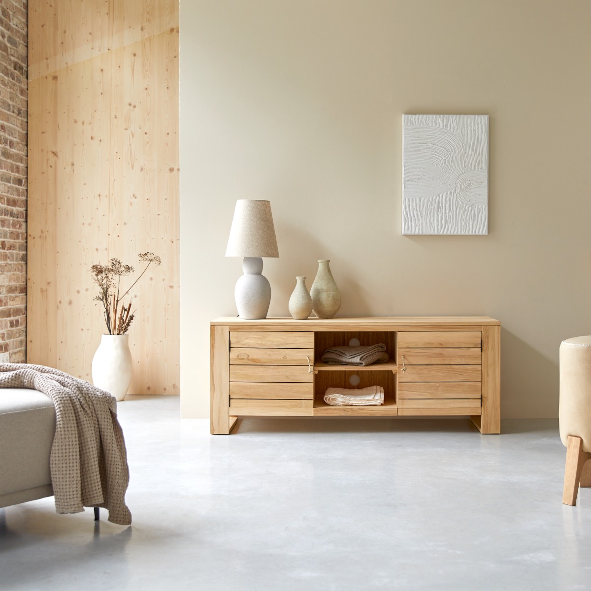 Meuble Hi-FI, TV en Teck massif, MINIMALYS naturel, TIKAMOON