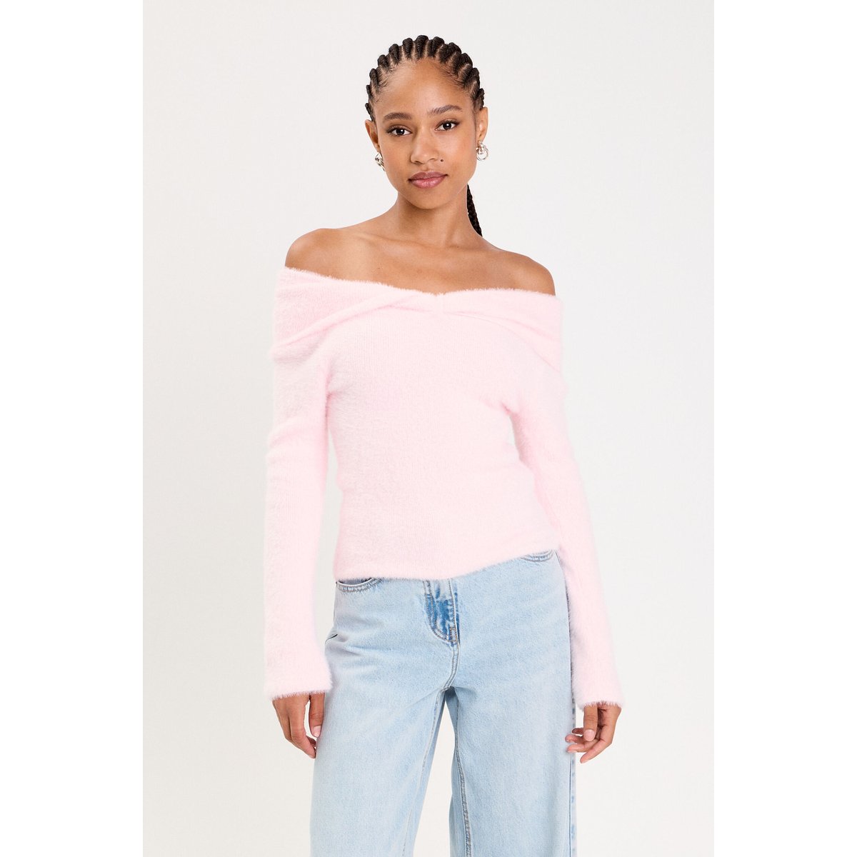 Pull ajusté col bardot manches longues rose clair, CACHE CACHE