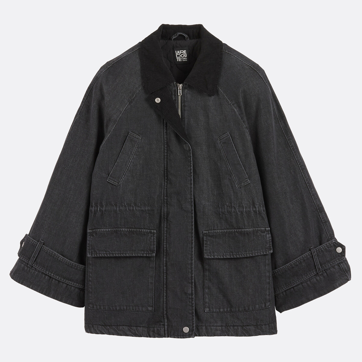 Manteau mi-long fermeture zippée, en denim noir brossé, LA REDOUTE COLLECTIONS