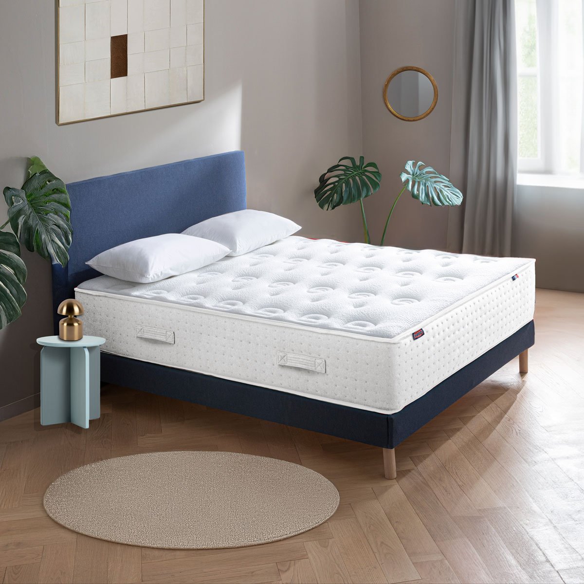 Ensemble - Matelas mi-ferme + sommier + Tête de lit Blanc/Bleu LE VERITABLE blanc, bleu foncé, DODO