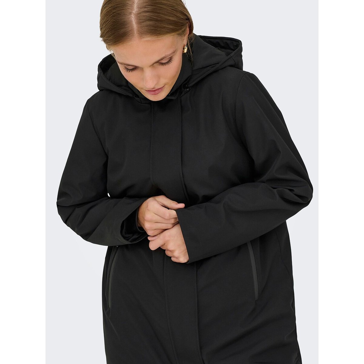 Parka lungo con cappuccio nero , ONLY
