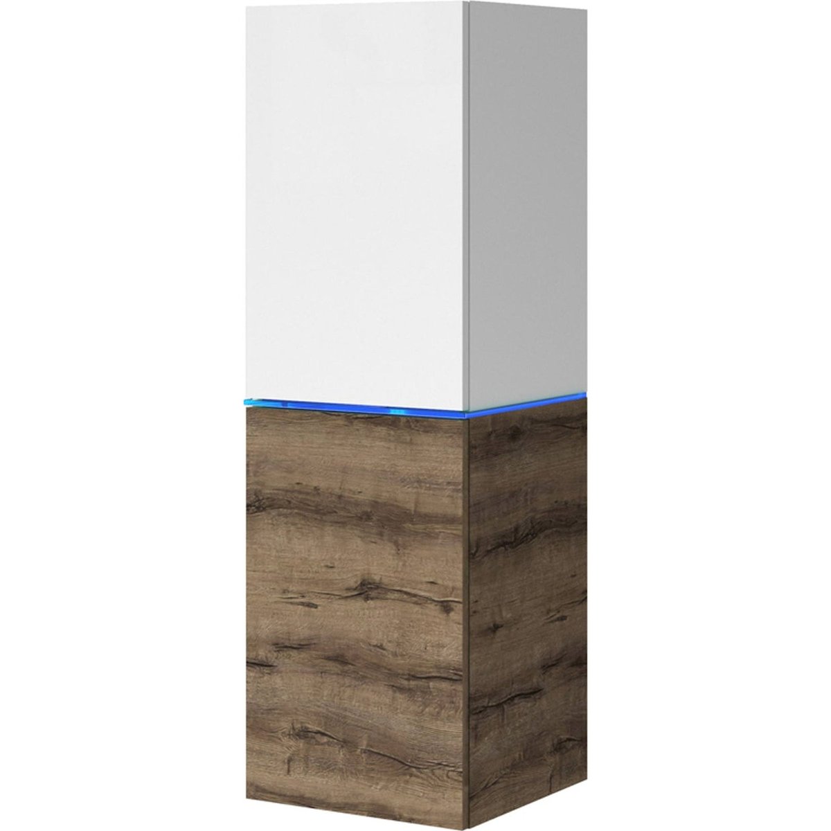 Vitrine murale bois avec éclairage LED blanc mat, blanc brillant et chêne monastery, RECOLLECTION