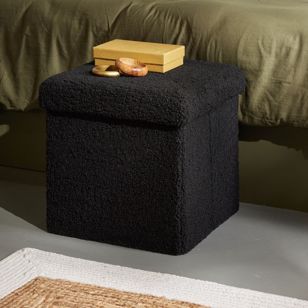 Pouf coffre carré en tissu bouclette MOKA noir, FACTORY