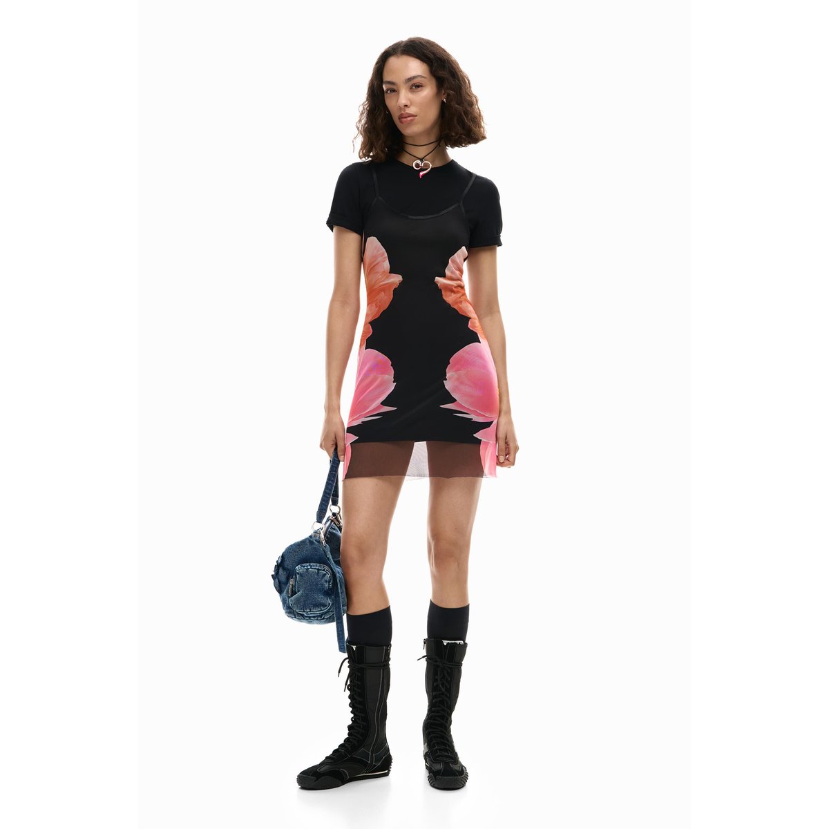 Robe imprimée à fleurs noir, DESIGUAL