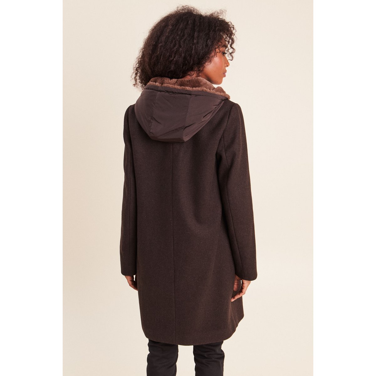 Manteau ajusté capuche amovible marron foncé, BREAL