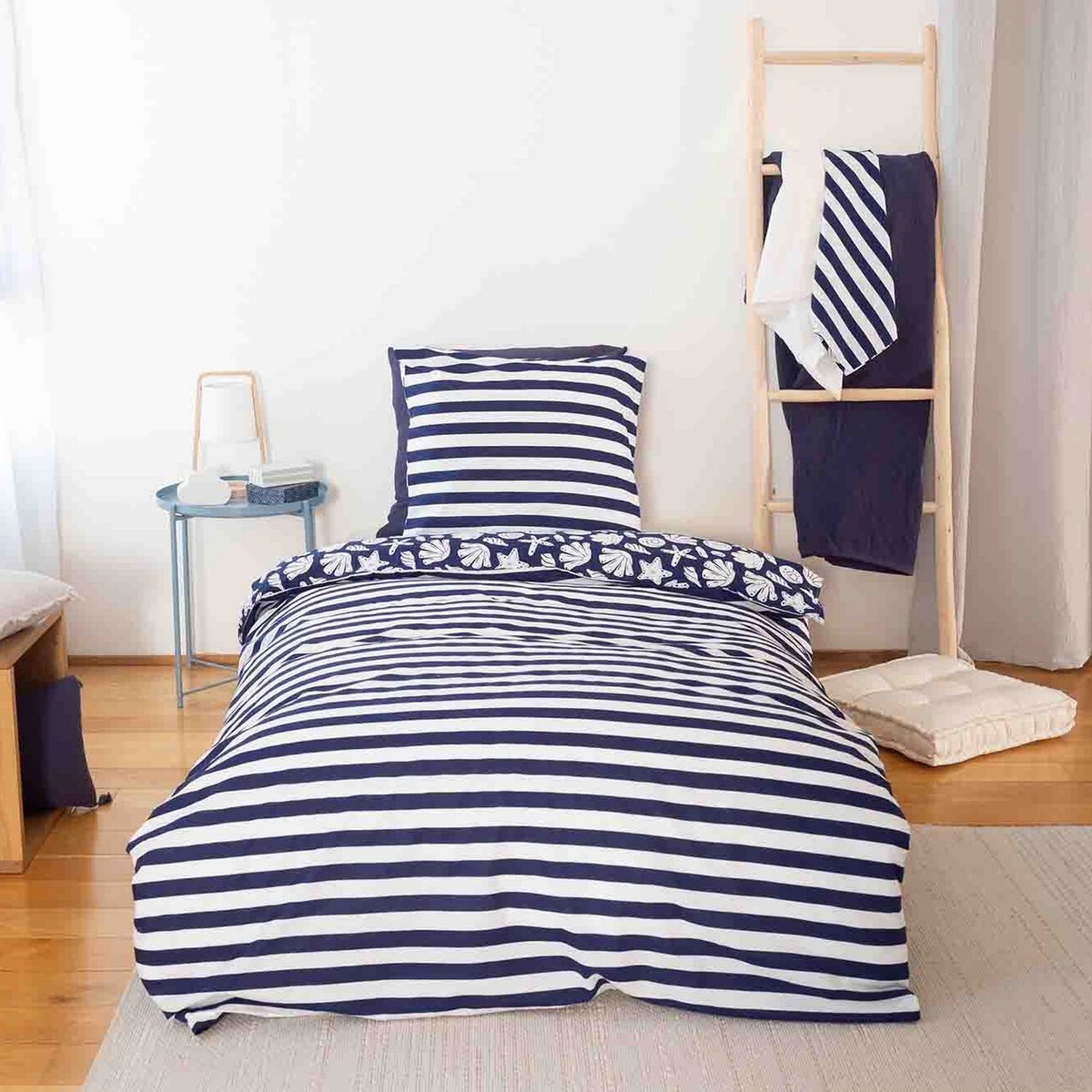 Parure de lit - housse de couette avec taies en coton bleu, EDEN