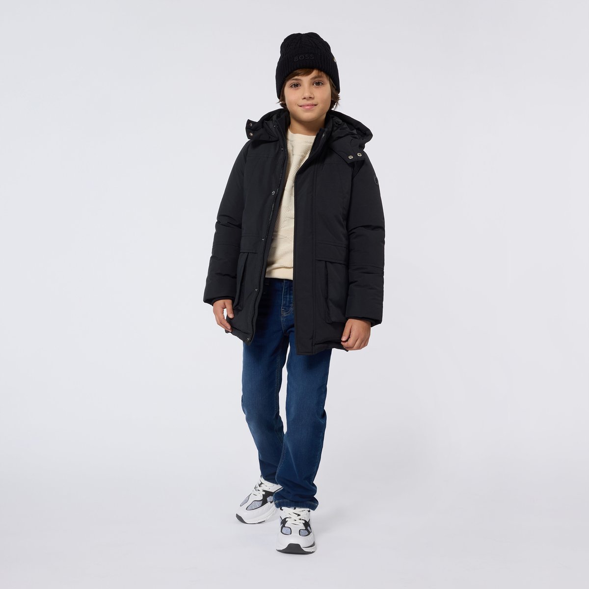 Parka lungo con cappuccio black, BOSS KIDSWEAR