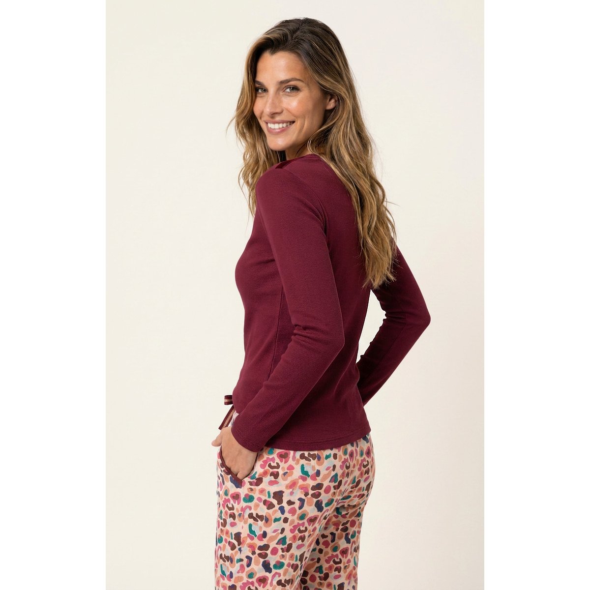 Tee-shirt manches longues en jersey de coton et modal couleur unie Burgundy bordeaux, ARTHUR