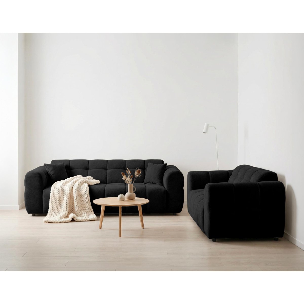 Ray - Ensemble de canapés droits 2+3 places tissu texturé noir, BEST MOBILIER