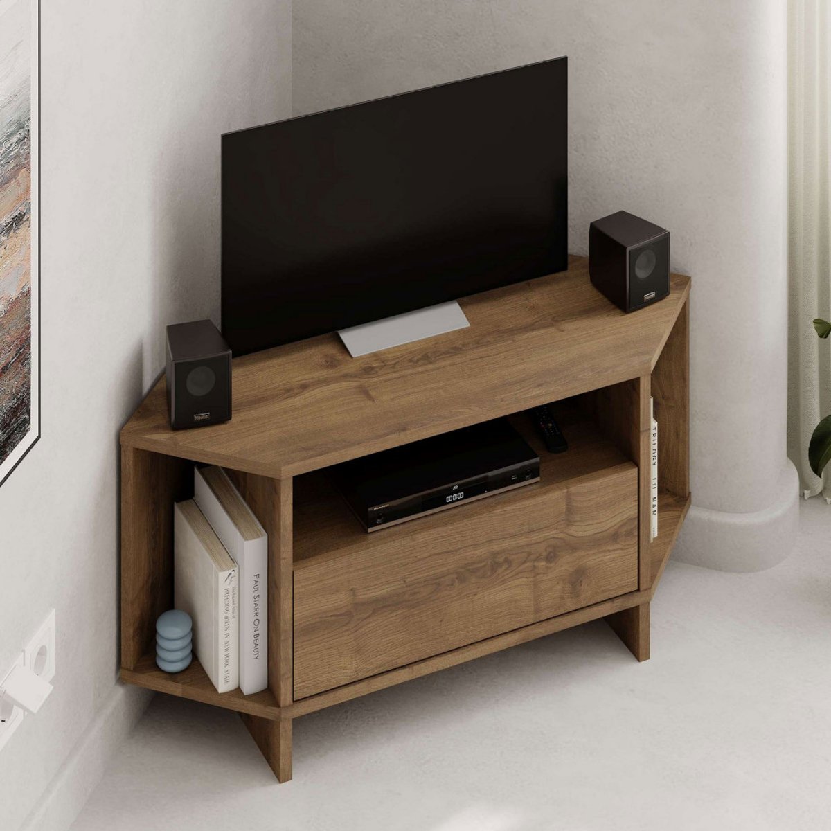 Meuble TV d'angle 1 porte en bois L95,7cm- CANO bois foncé, DRAWER