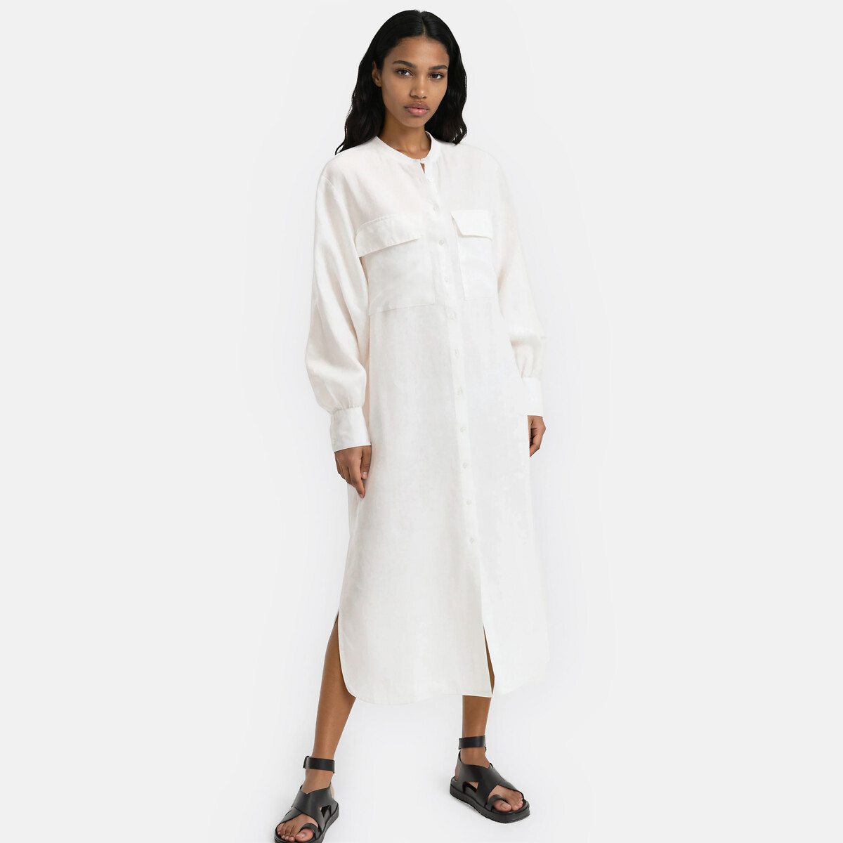 Vestido lápiz largo de lino, manga larga blanco roto, LA REDOUTE COLLECTIONS