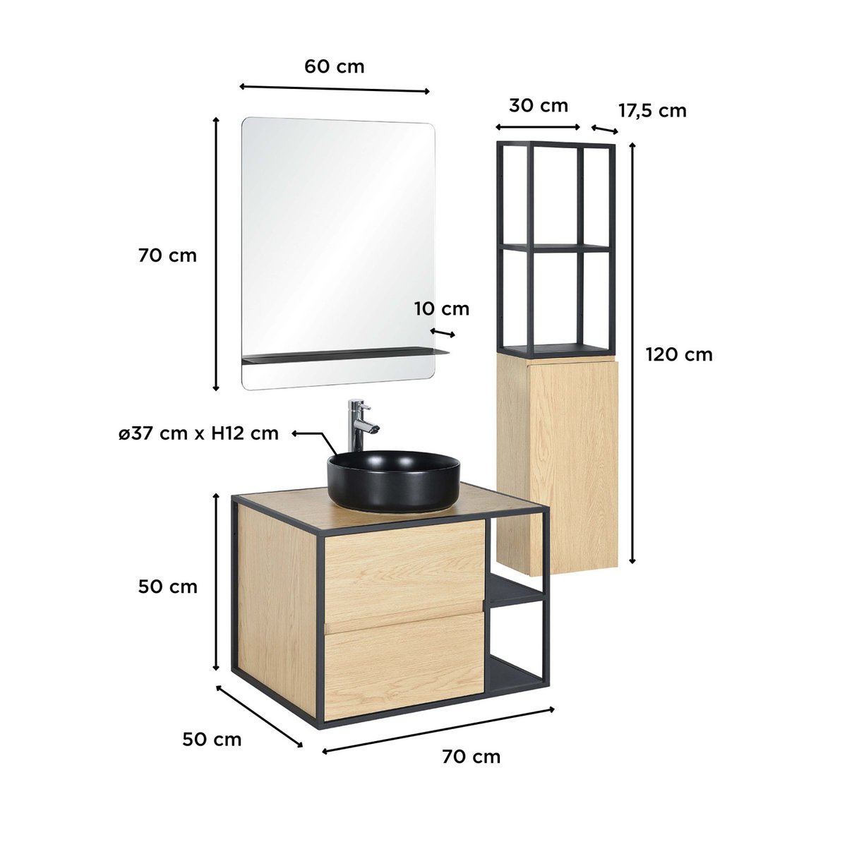 Ensemble meuble simple vasque 70 cm + vasque + miroir + colonne EDISSON chêne - ppm - mat, MOB IN