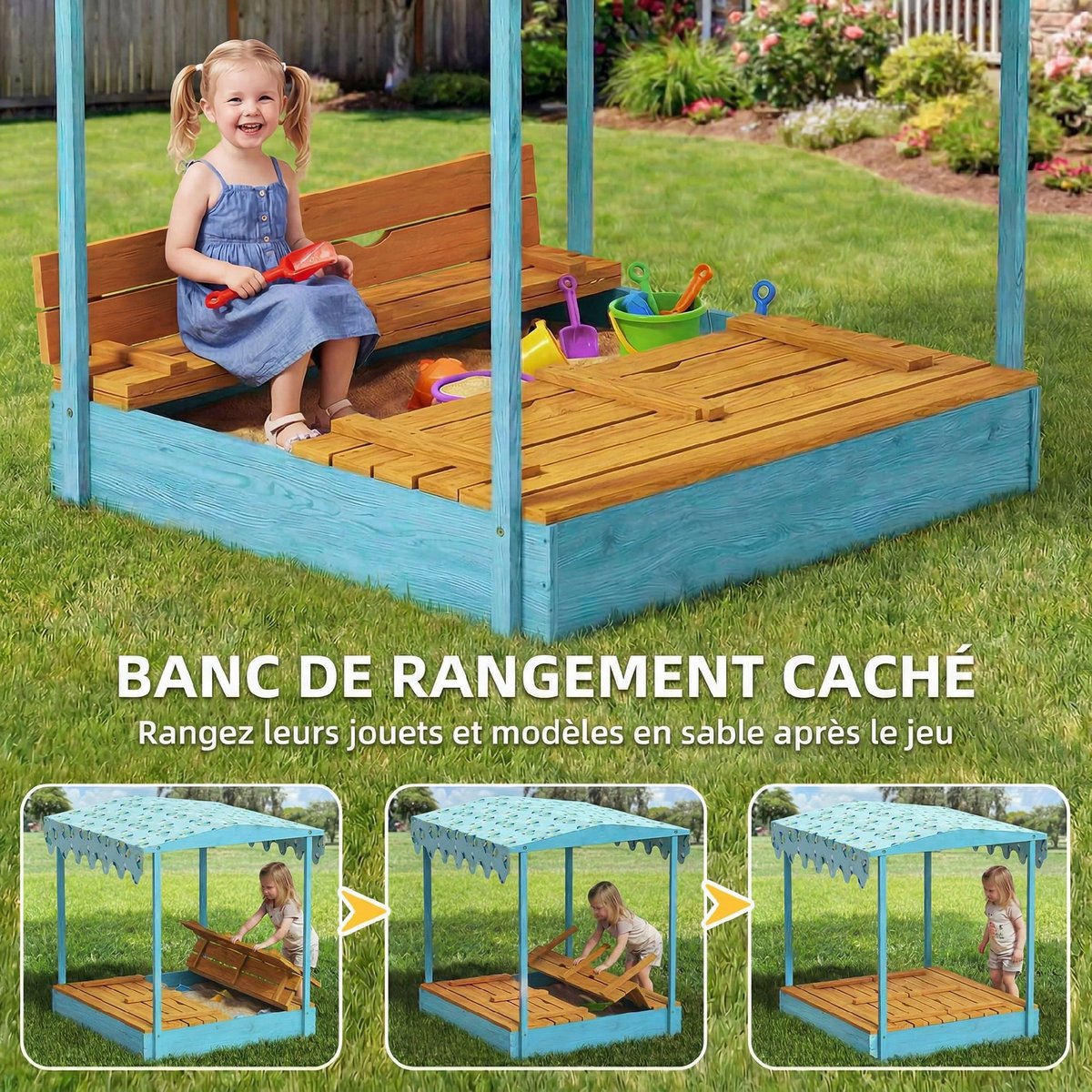 Bac à sable pour enfants Bois de sapin Bleu bleu et jaune, AIYAPLAY