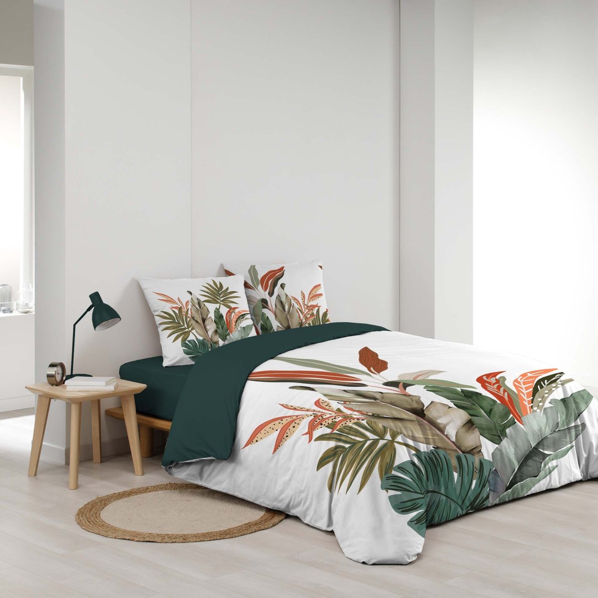 Parure de lit 3 pièces 100 % coton imprimé à motif tropical housse + taies vert, DOUCEUR D'INTÉRIEUR