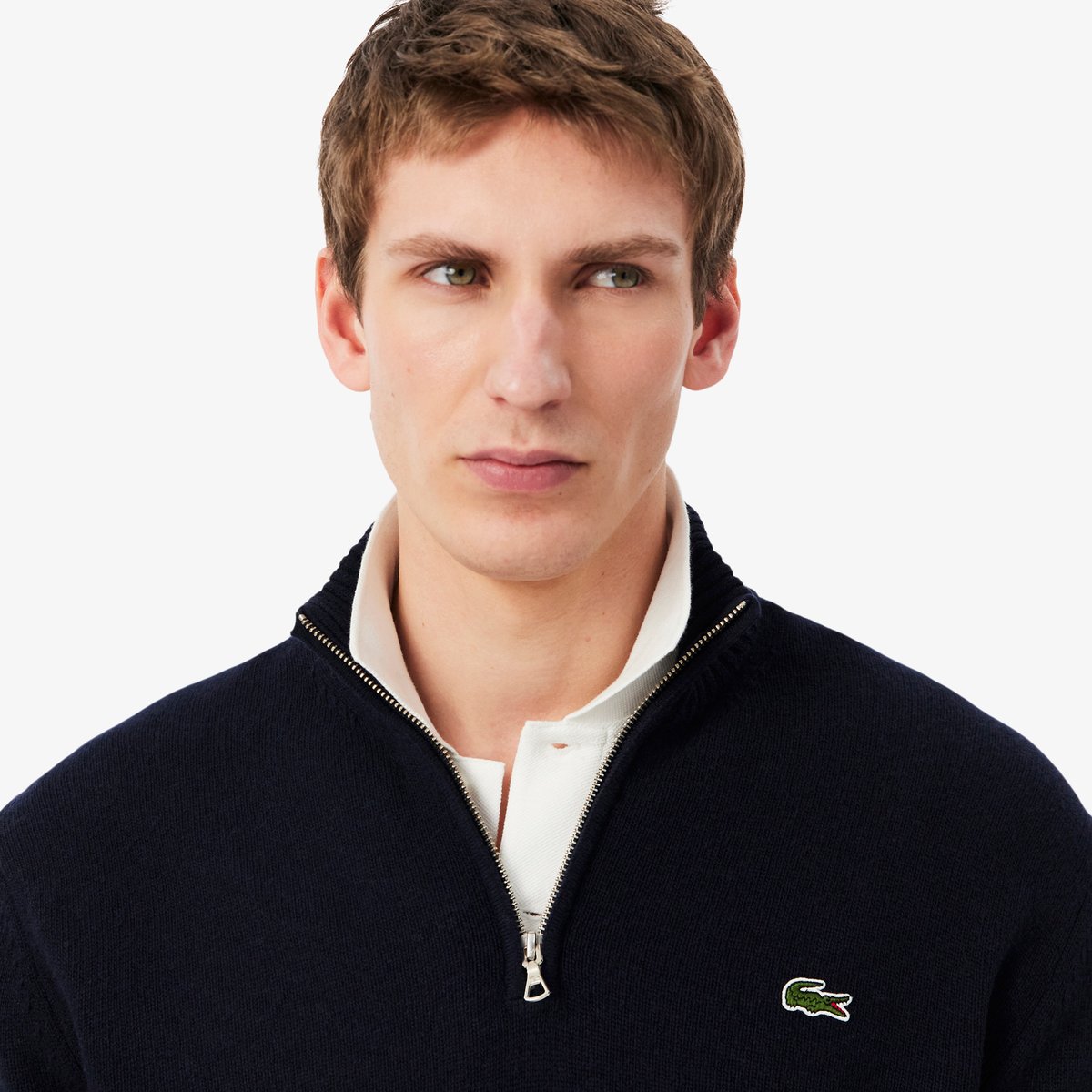 Pull zippé uni col montant laine bleu-166, LACOSTE