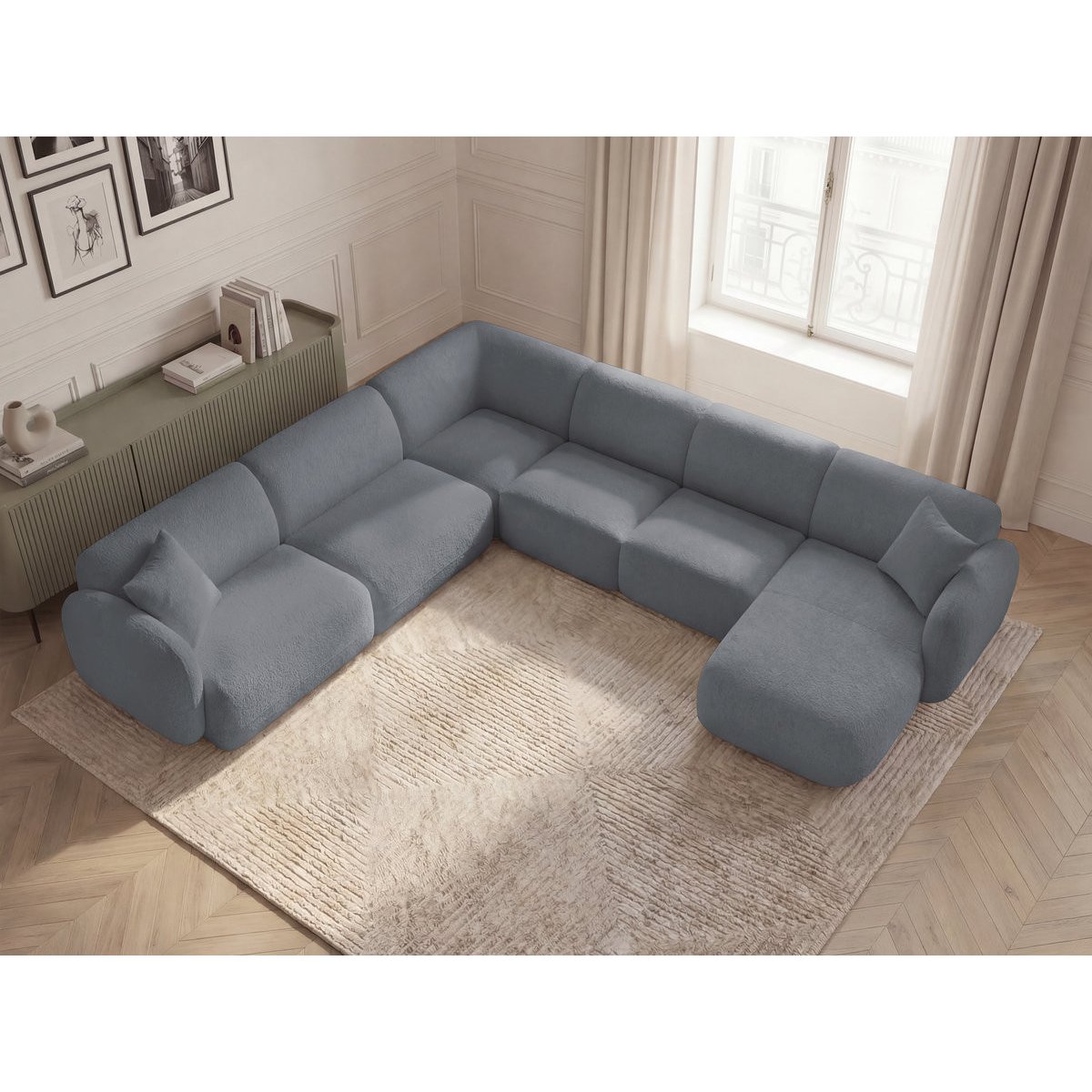 Canapé modulable 6 places en tissu chenille, ANDA gris, BOBOCHIC