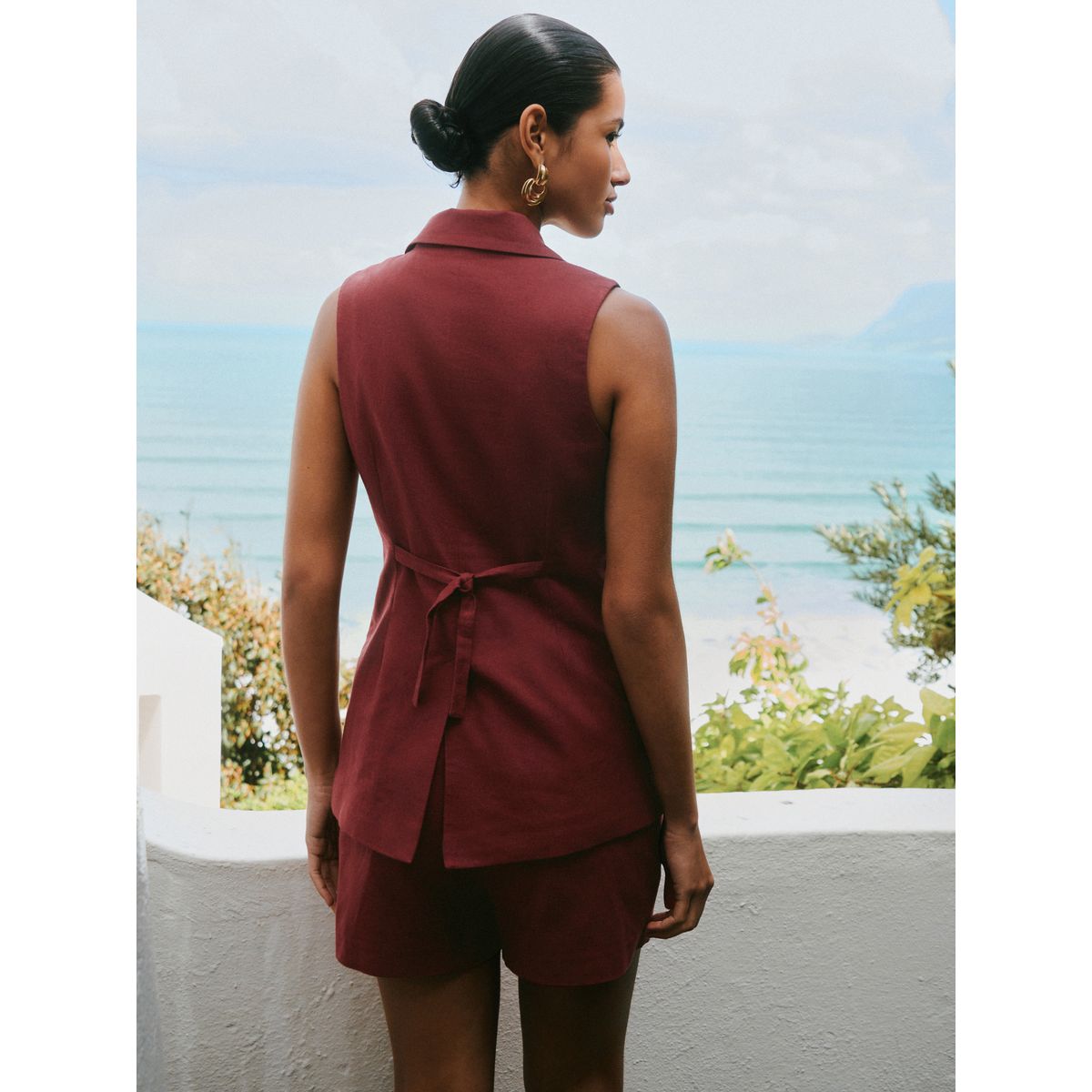 Gilet de costume en lin majoritaire avec col marron rouille, NEXT