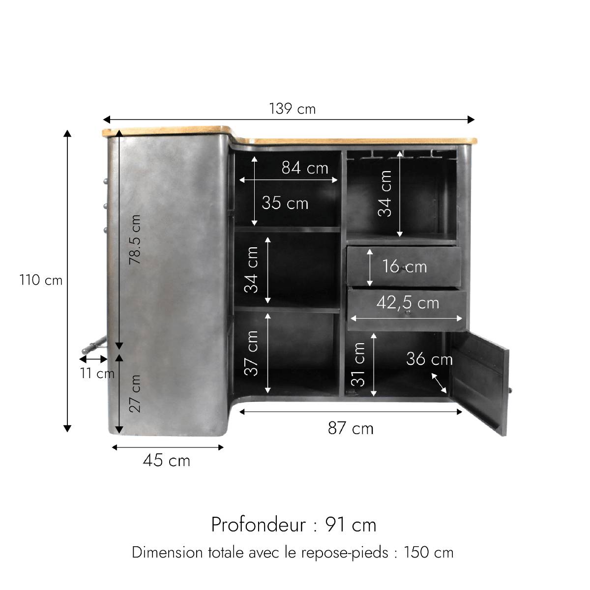 Meuble bar en angle en métal LOCKER gris, MADE IN MEUBLES