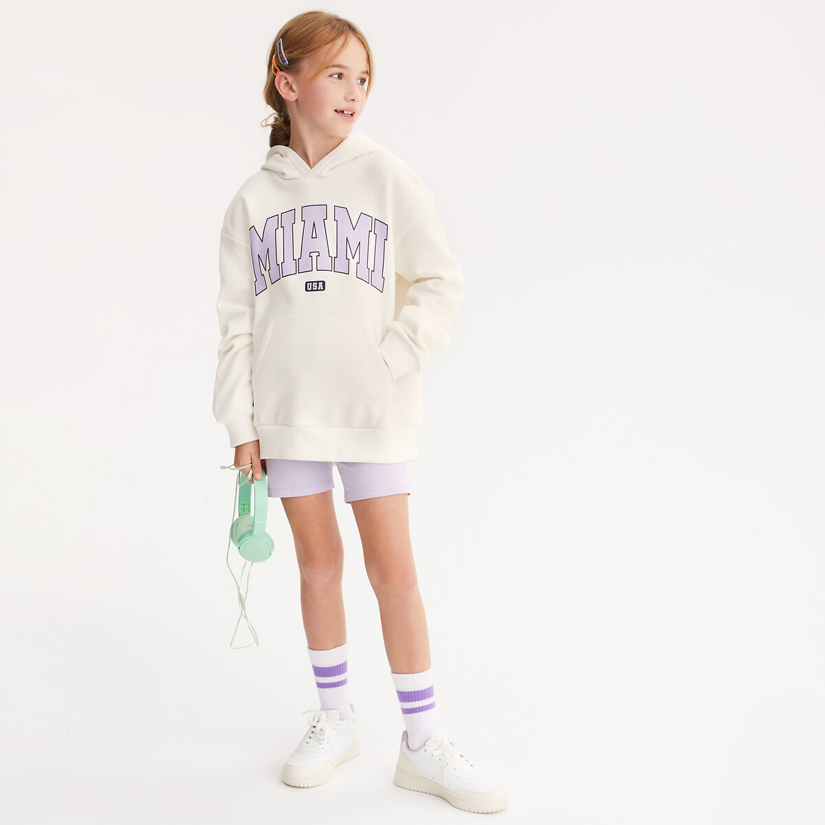 Conjunto de 2 peças, sweat com capuz e calções justos cru/violeta, LA REDOUTE COLLECTIONS