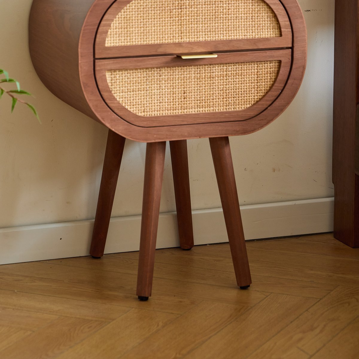 Table de chevet 2 tiroirs en rotin et bois de noyer, MALIRON noyer, NORDLYS