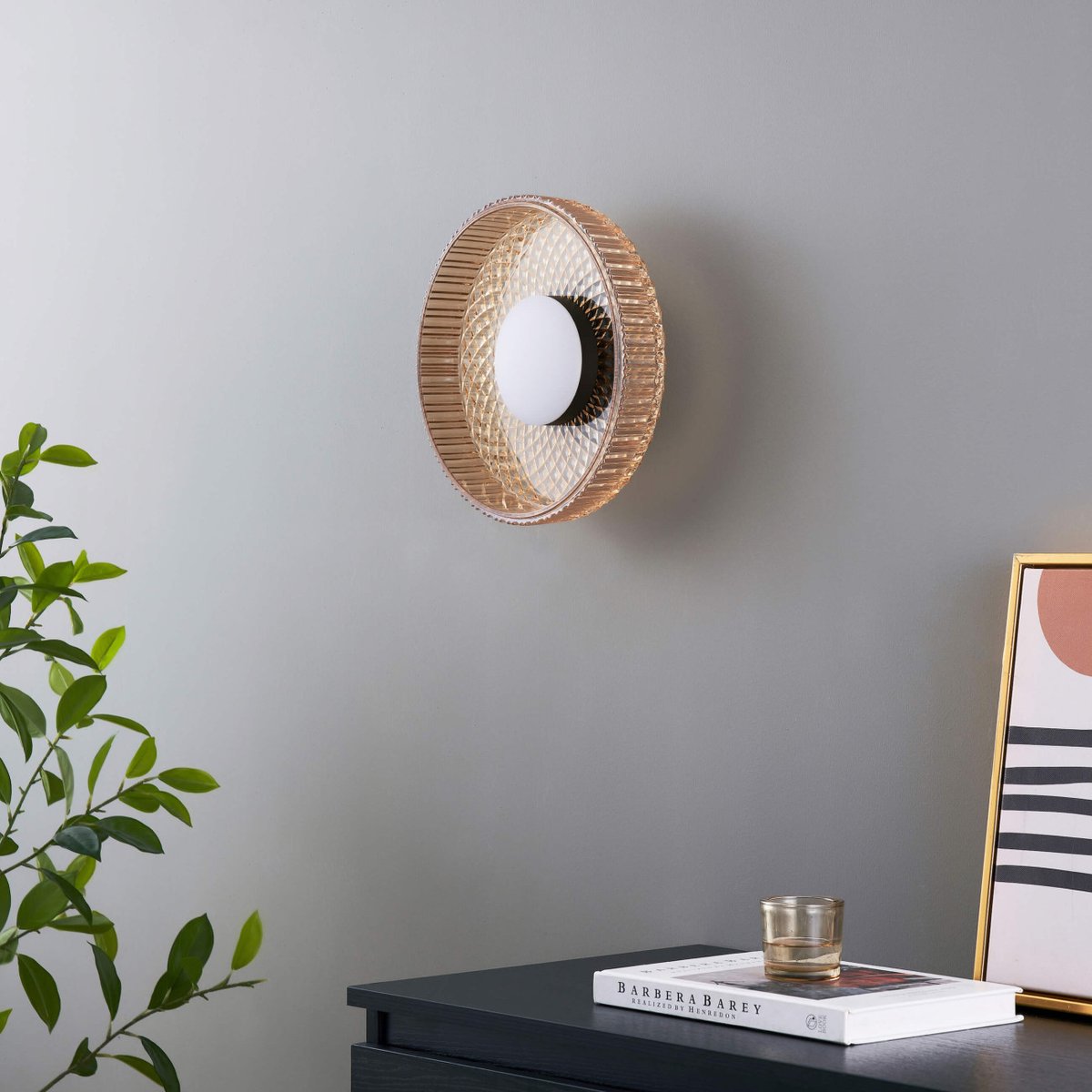 Plafonnier LED en verre ambré strié - DAMIAN noir et ambré, KOSILUM