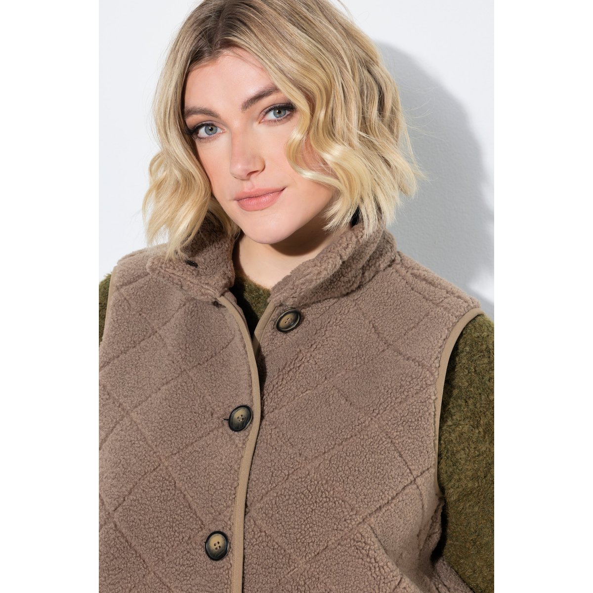 Gilet en polaire bouclée, motif losanges taupe, ULLA POPKEN