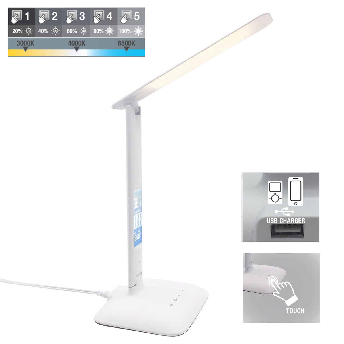 Lampe de bureau en plastique, ALEX blanc, INSPIRE
