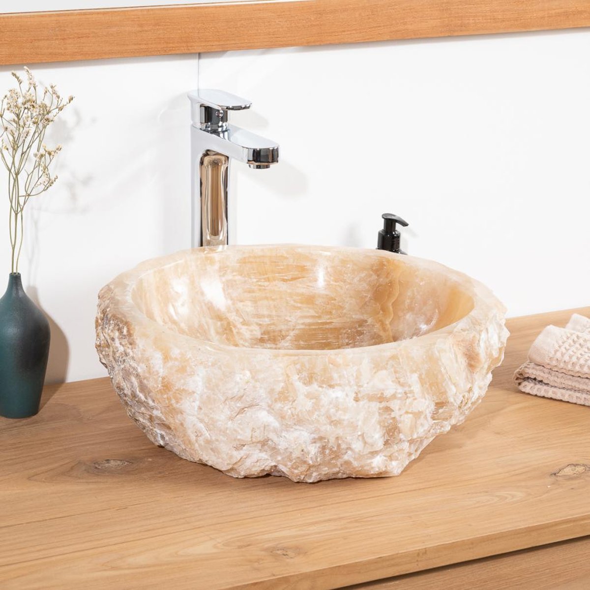 Vasque à poser de en pierre Onyx ronde 30-35cm crème, WANDA COLLECTION