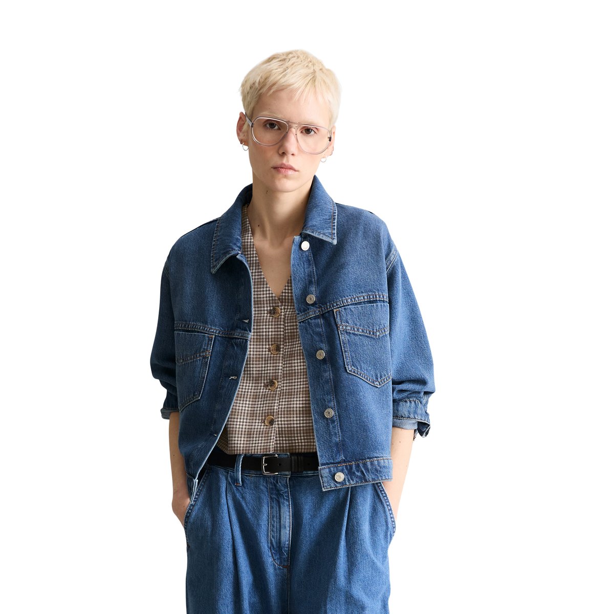Veste en jean oversize cropped en mélange de coton organique et de lyocell bleu moyen, MARC O’POLO DENIM