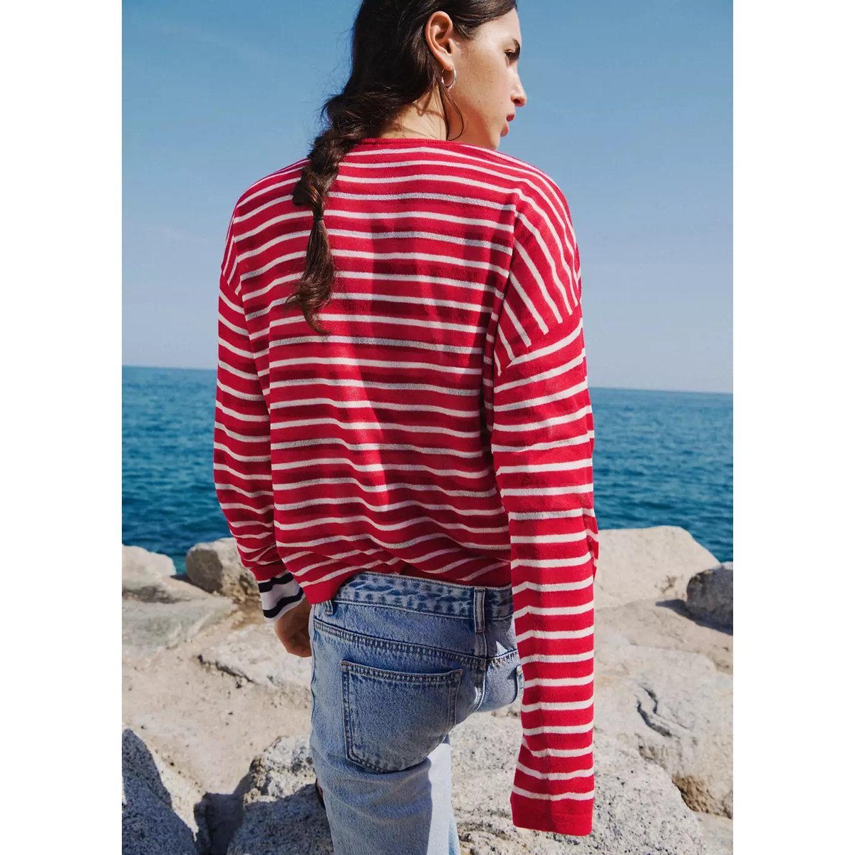 Pull en maille fine à rayures rouge, MANGO TEEN