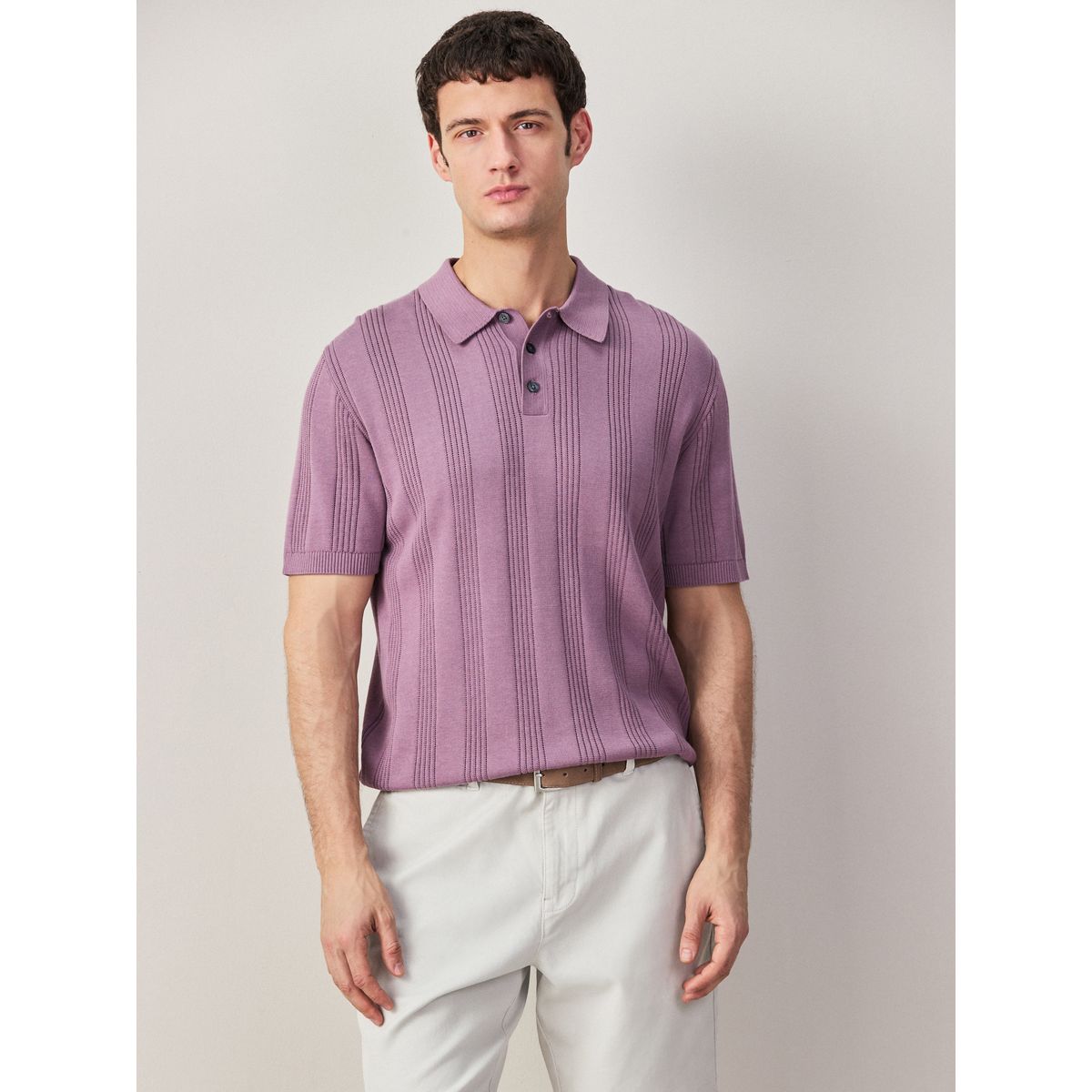 Polo standard rayé en maille pointelle violet, NEXT