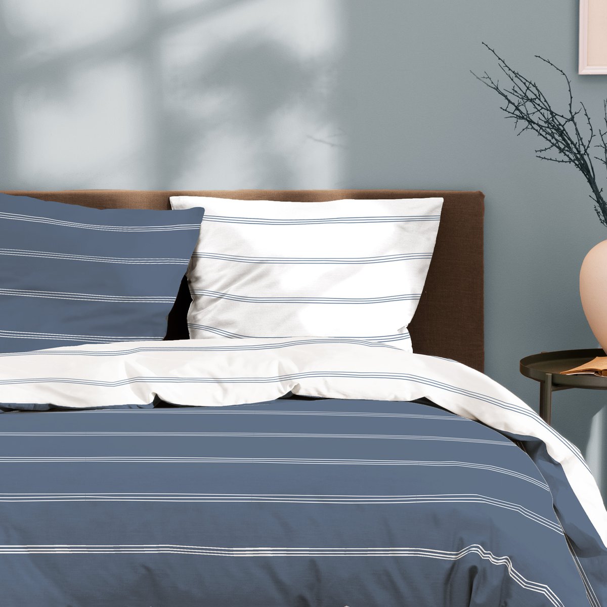 Parure de lit imprimée 100% coton, URBAN STRIPES bleu, MATT ET ROSE