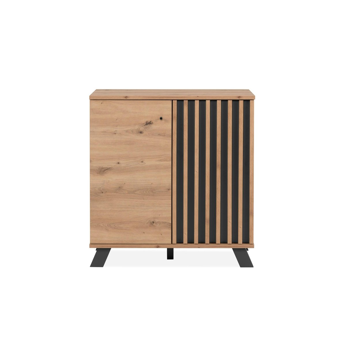 Petit buffet moderne 1 porte noire rainurée ALVA bois naturel, PIER IMPORT