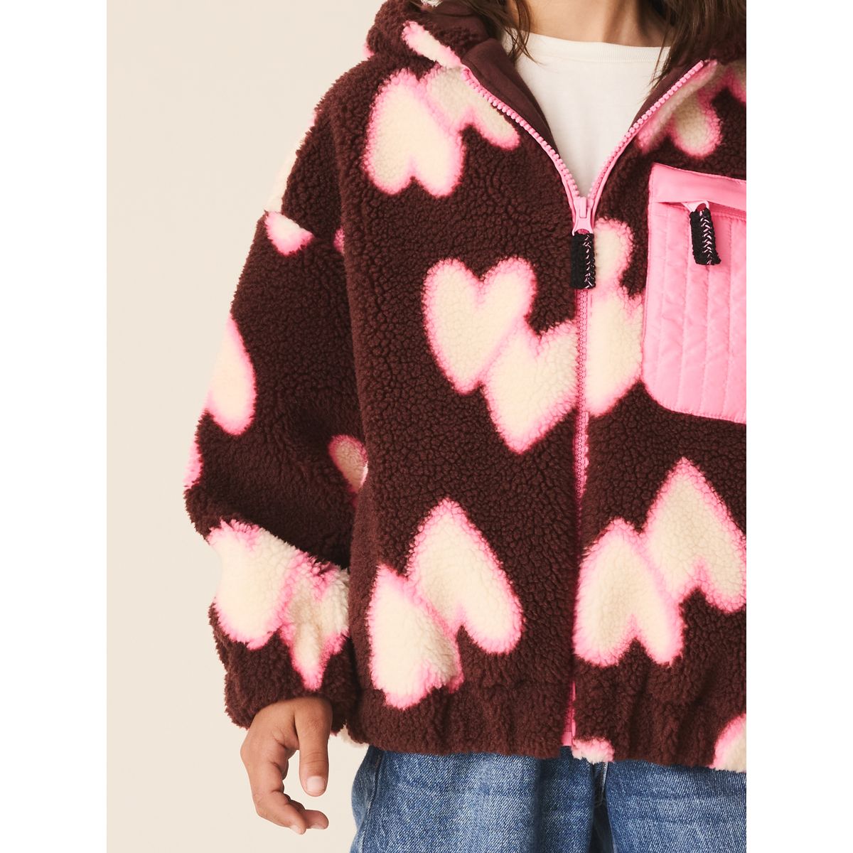 Veste à capuche zippée en peau lainée cœur marron/rose, NEXT
