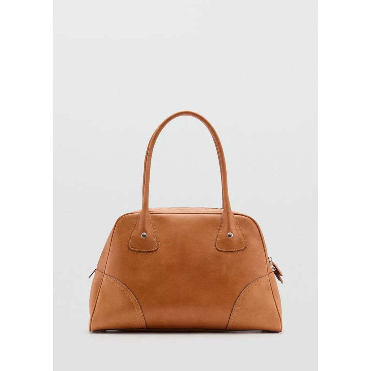 Grand sac bowling en cuir marron moyen, MANGO