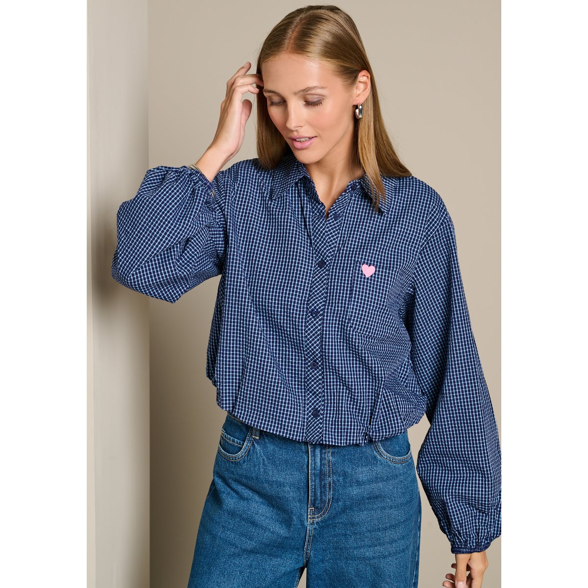 Chemise ballon à carreaux cur brodé bleu marine, LOLALIZA