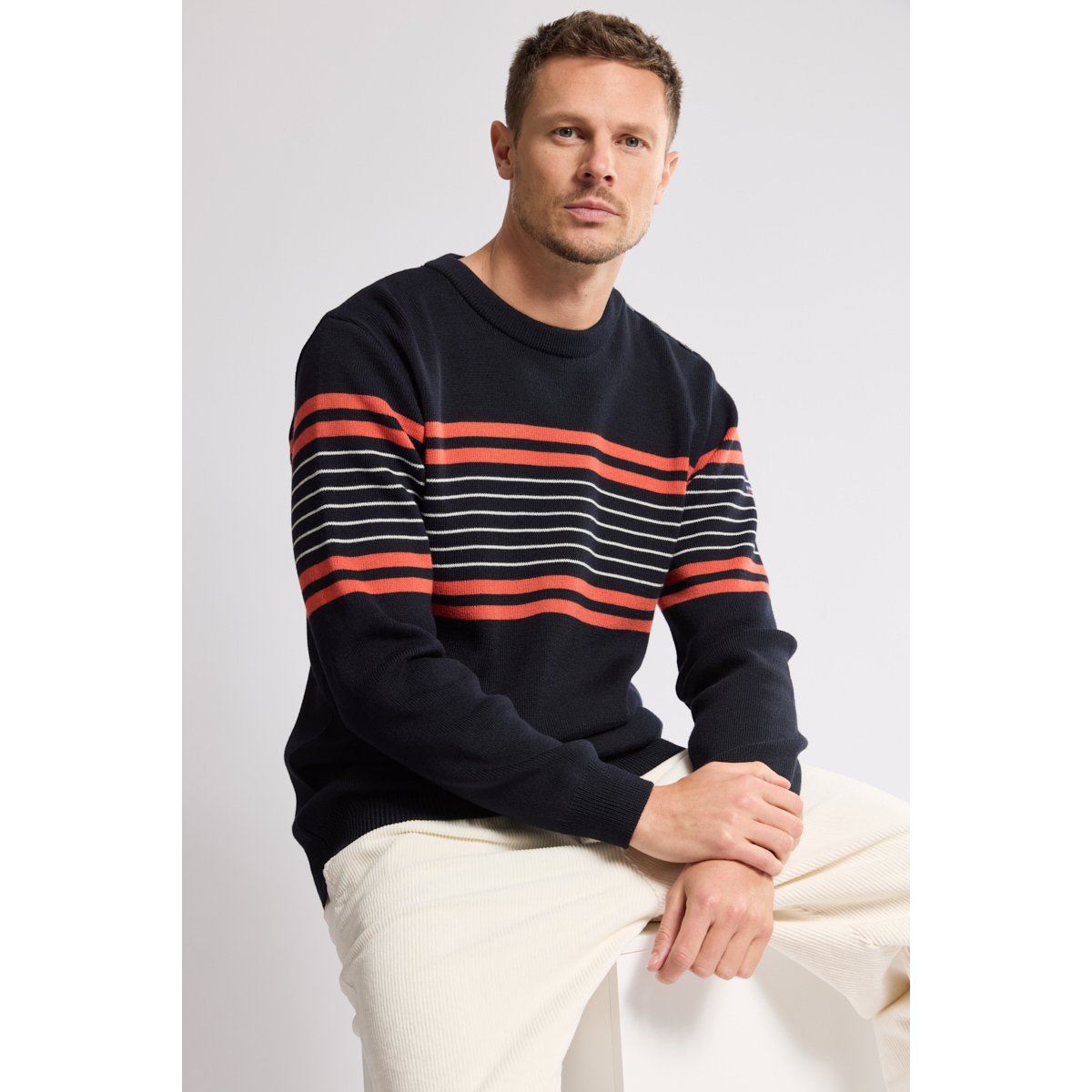 Pull marin rayé en laine pour homme navire/paprika h25/milk, ARMOR-LUX