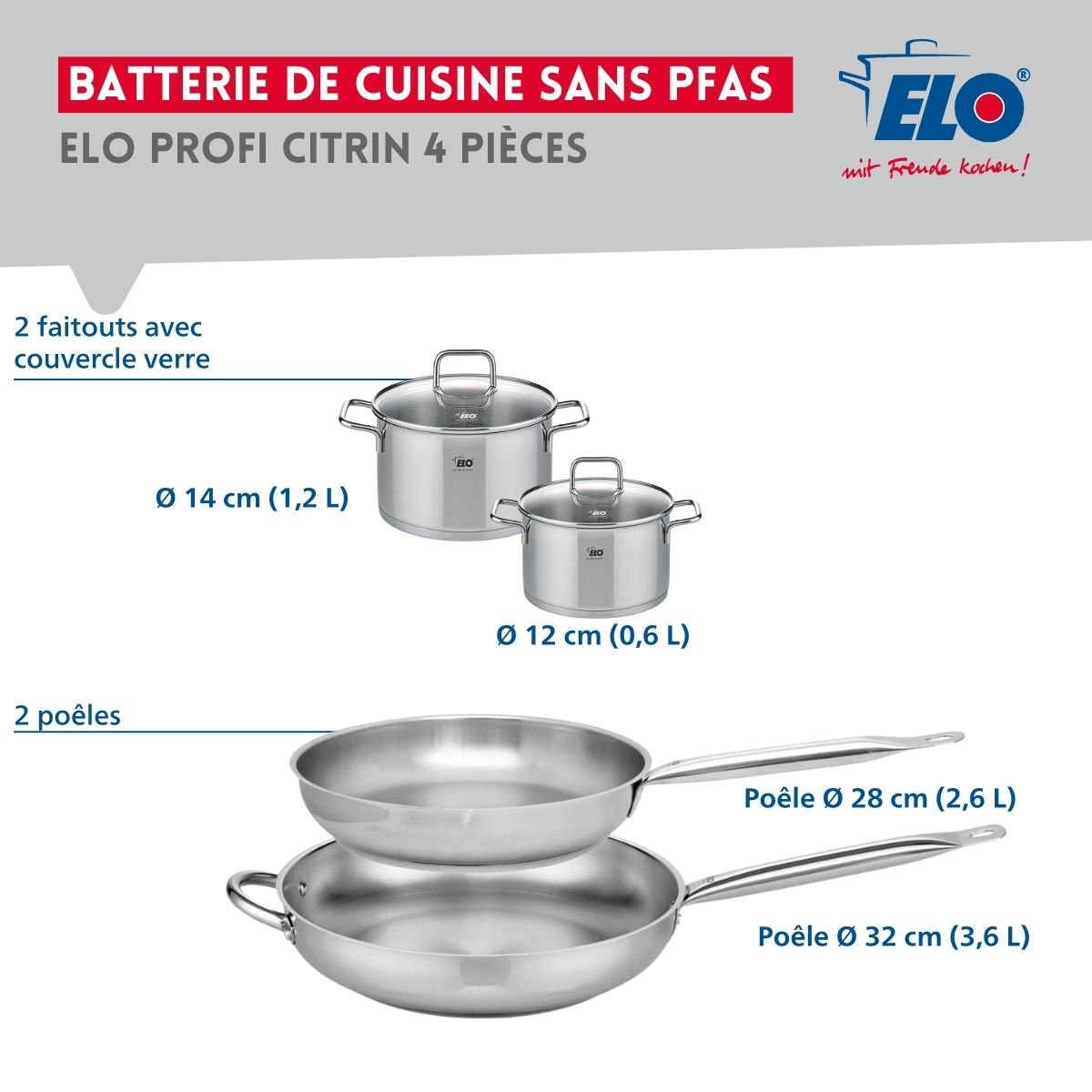 Batterie 2 poêles 28/32cm + 2 faitouts 12/14cm PROFI CITRIN inox, ELO