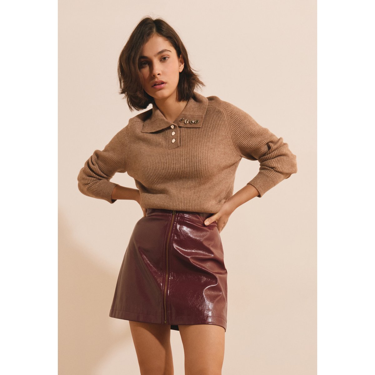 Pull col polo à détails boutons dorés SUSIE PULL taupe, ETAM