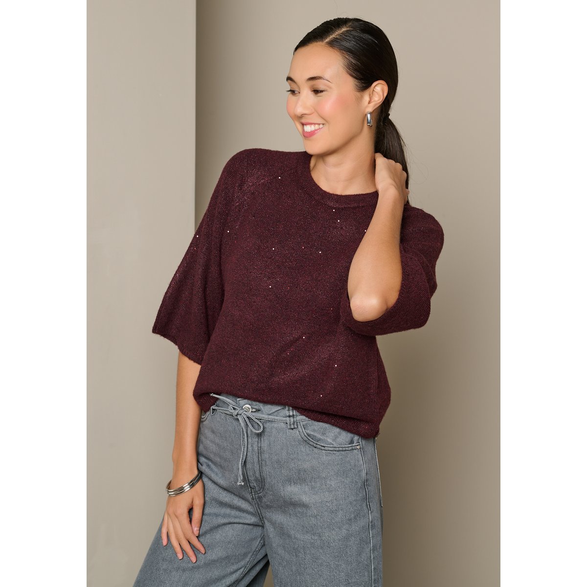 Pull scintillant à manches 3/4 aubergine, LOLALIZA