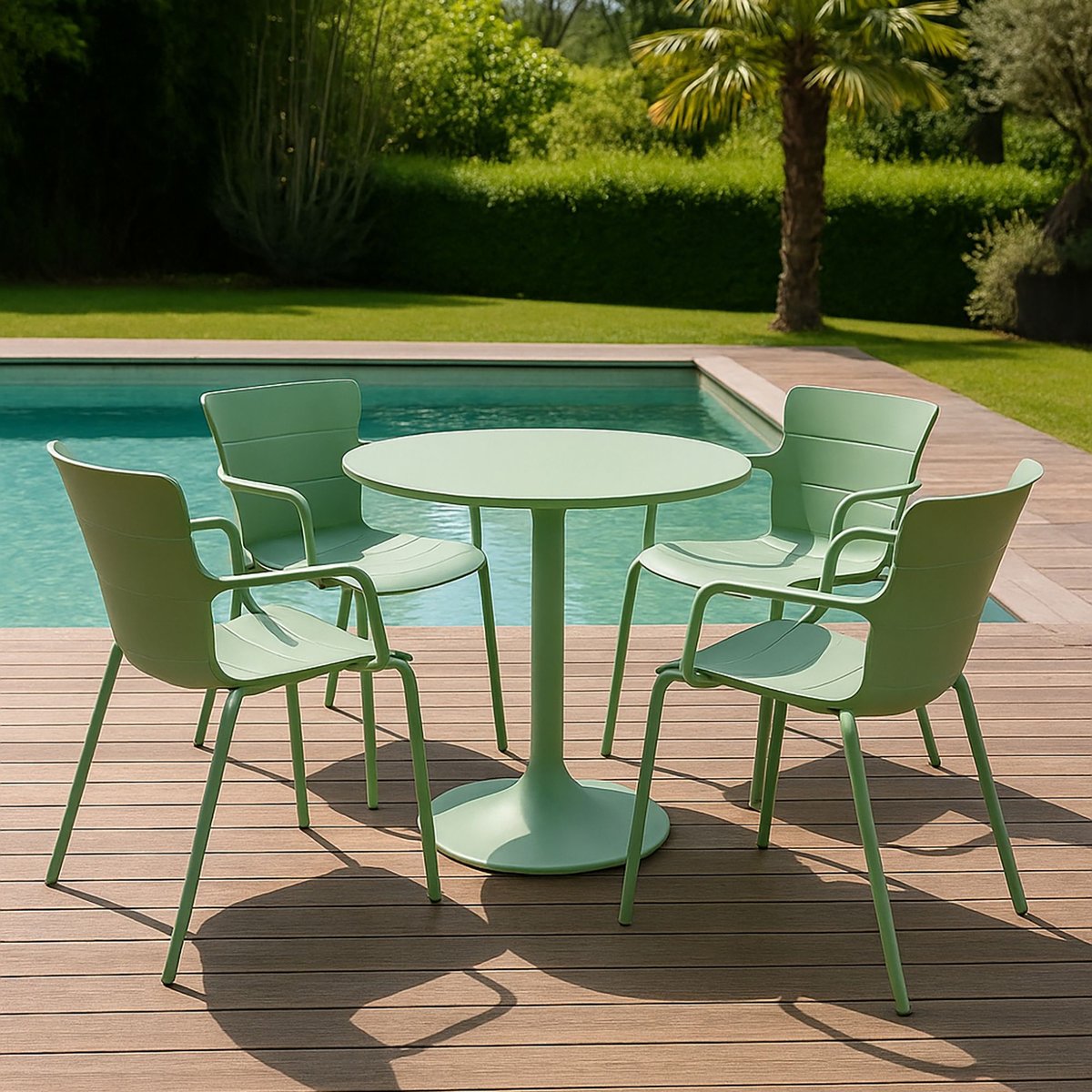 Salon de jardin table et 4 fauteuils en polypropylène et métal, MONTAUK vert, NOW'S HOME