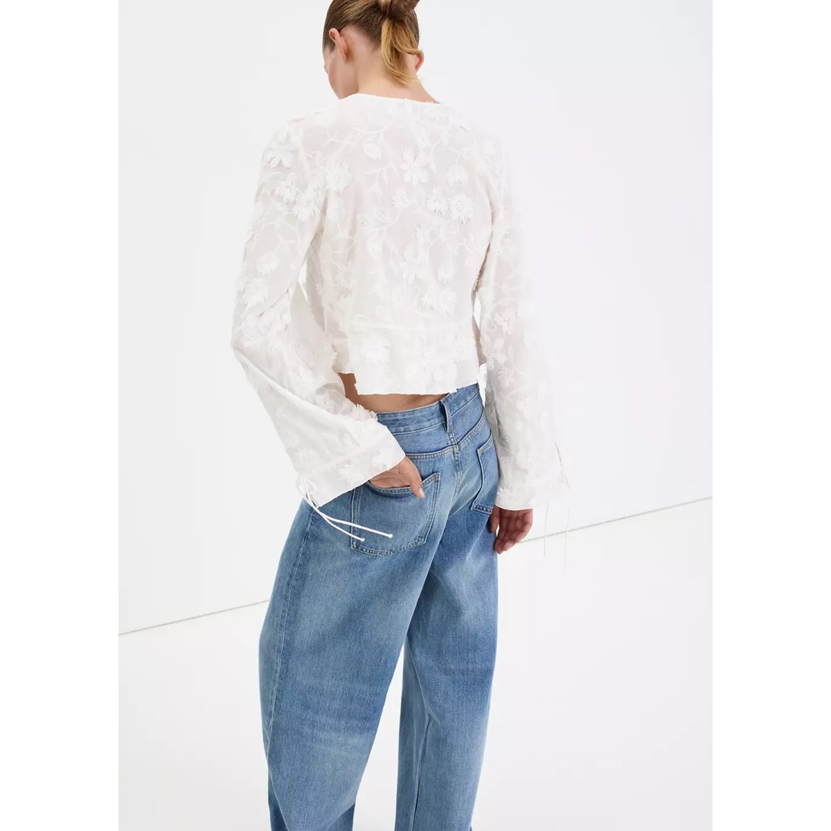 Blouse en coton fleurs brodées blanc, MANGO