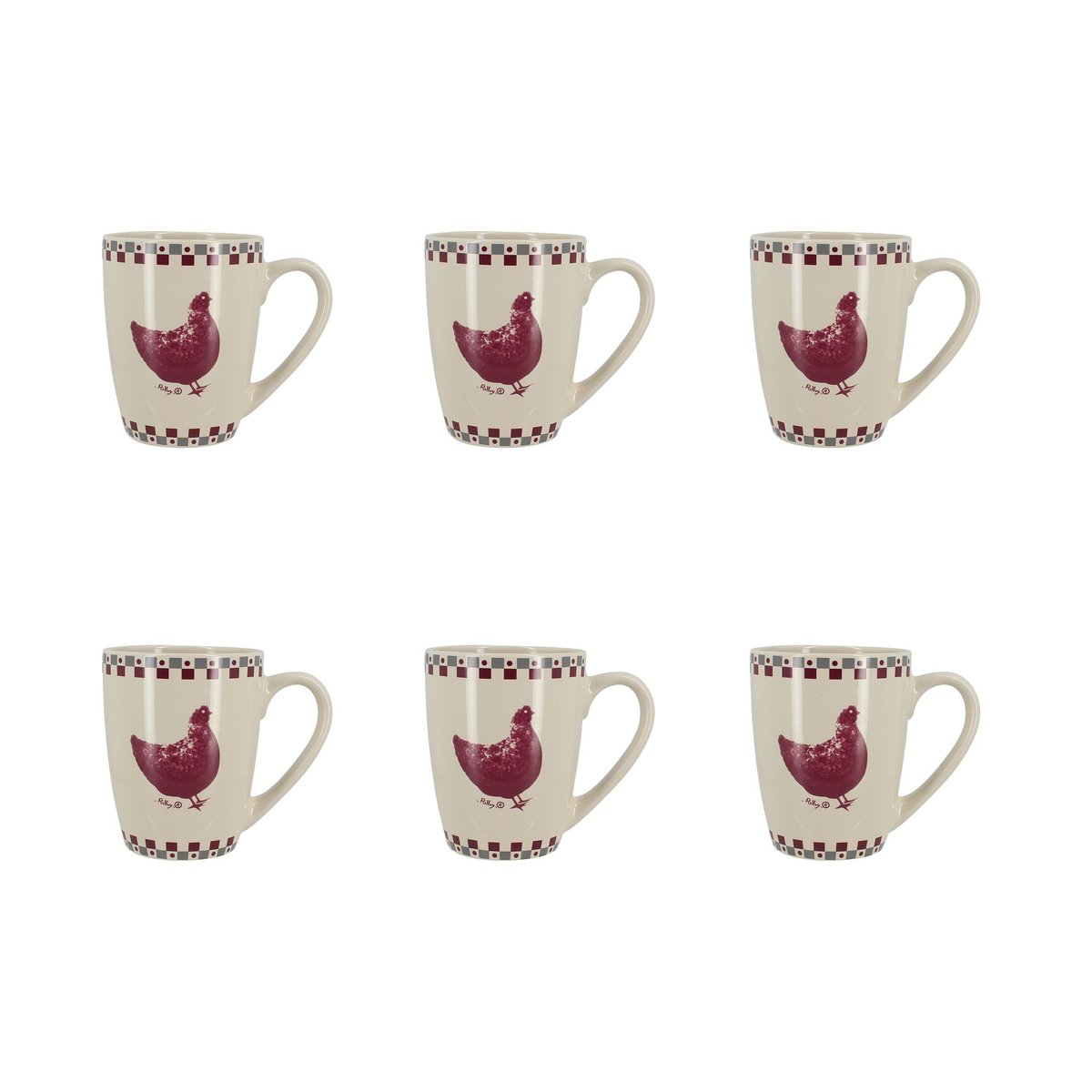 Lot de 6 mugs en grès 38cl, GALLINA gris-rouge, NOVASTYL