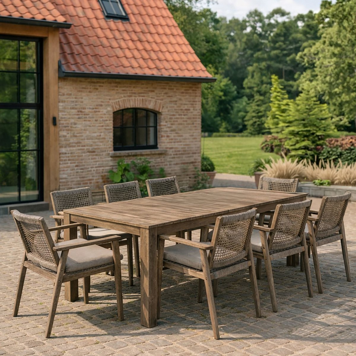 Salon de jardin table 230cm et 8 fauteuils en bois d'acacia et corde tréssée, EDEN bois d’acacia vieilli, NOW'S HOME