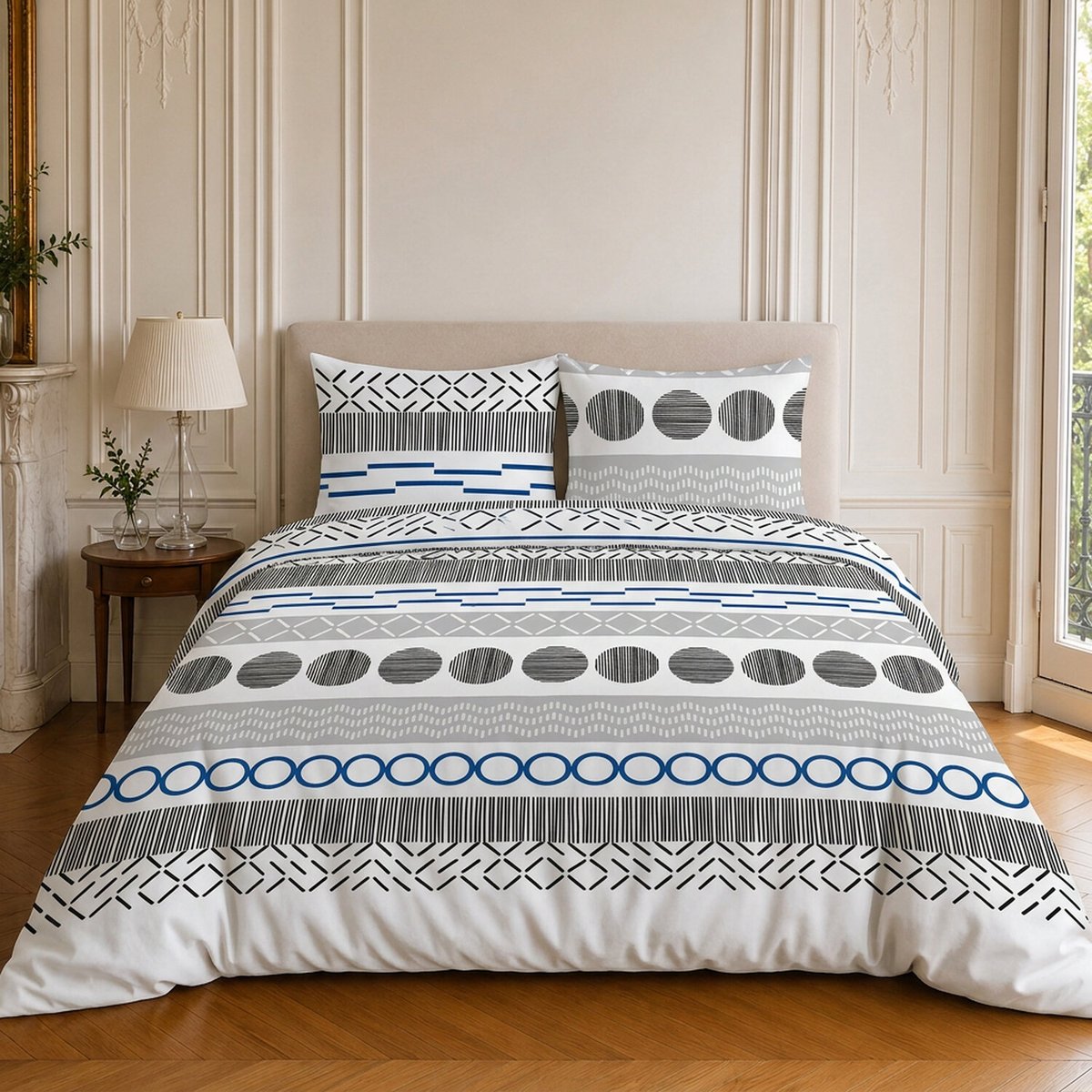 Parure de lit en microfibre motif géométrique, VAGUE bleu, C DESIGN HOME TEXTILE