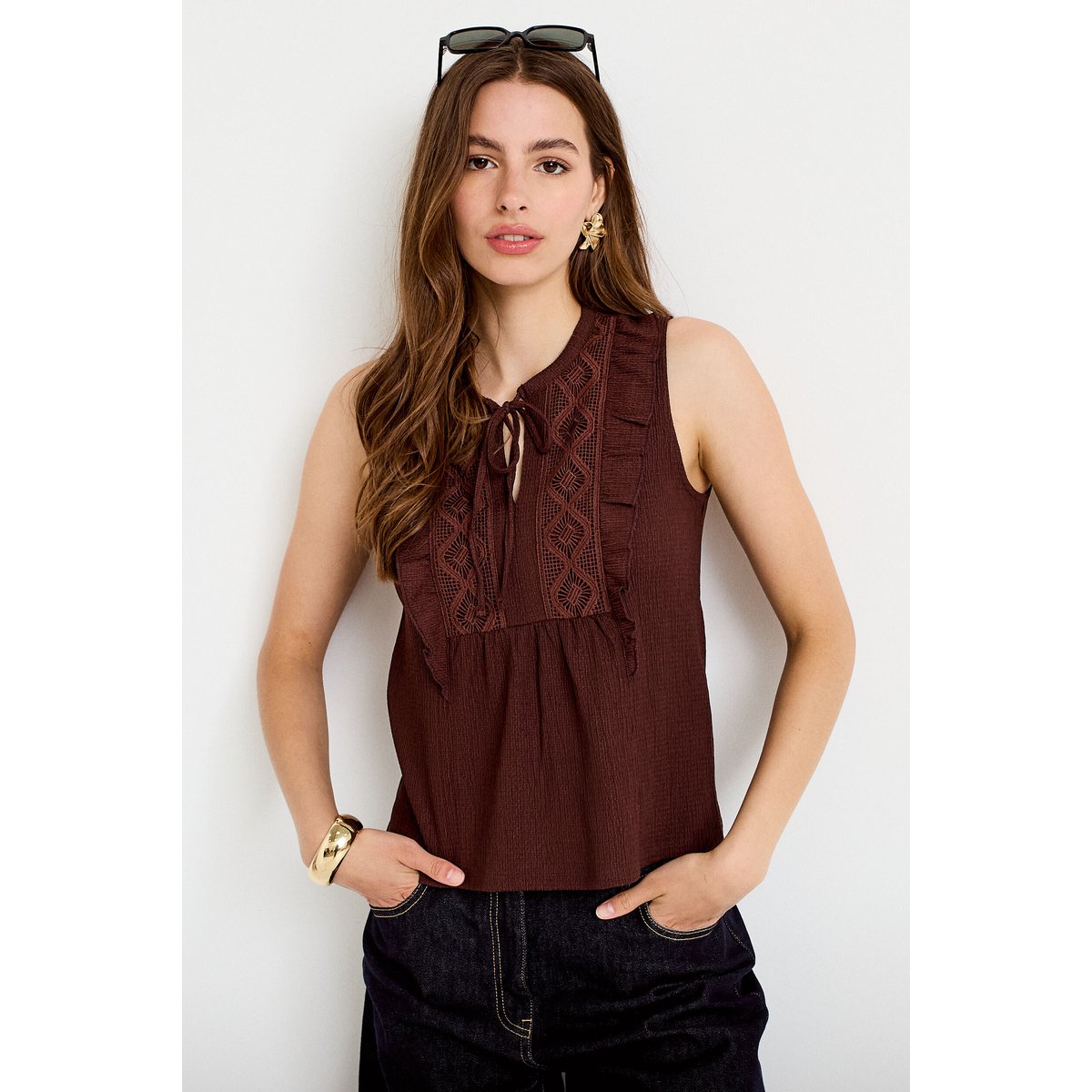 Blouse sans manches col v marron, CACHE CACHE