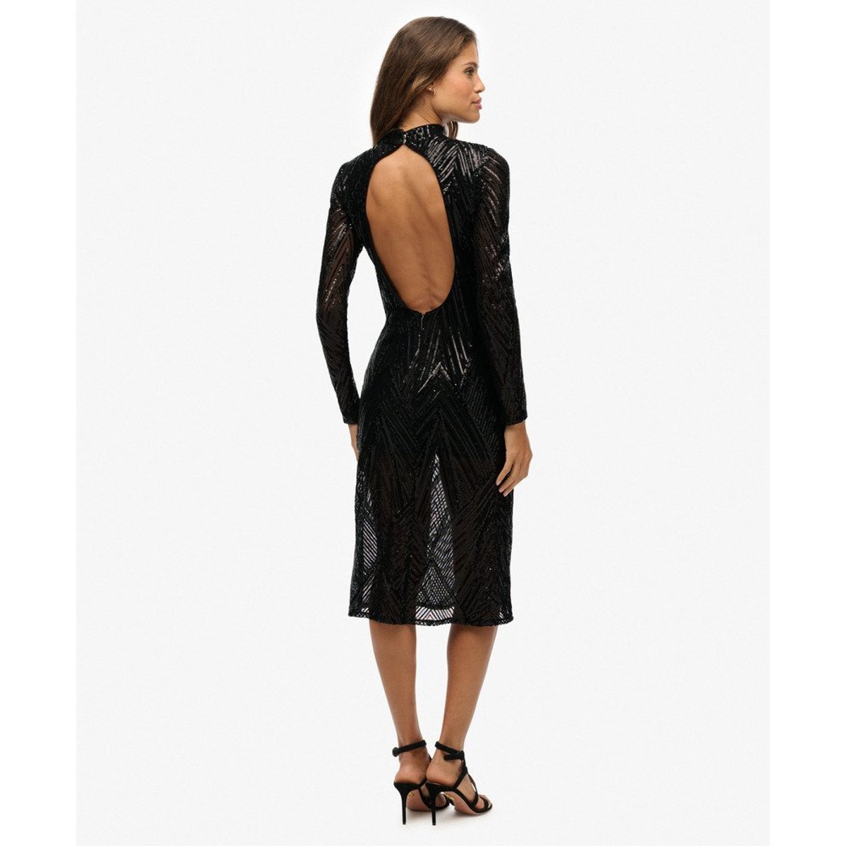 Robe Midi à Manches Longues et Dos Ouvert sequins noirs style art déco, SUPERDRY