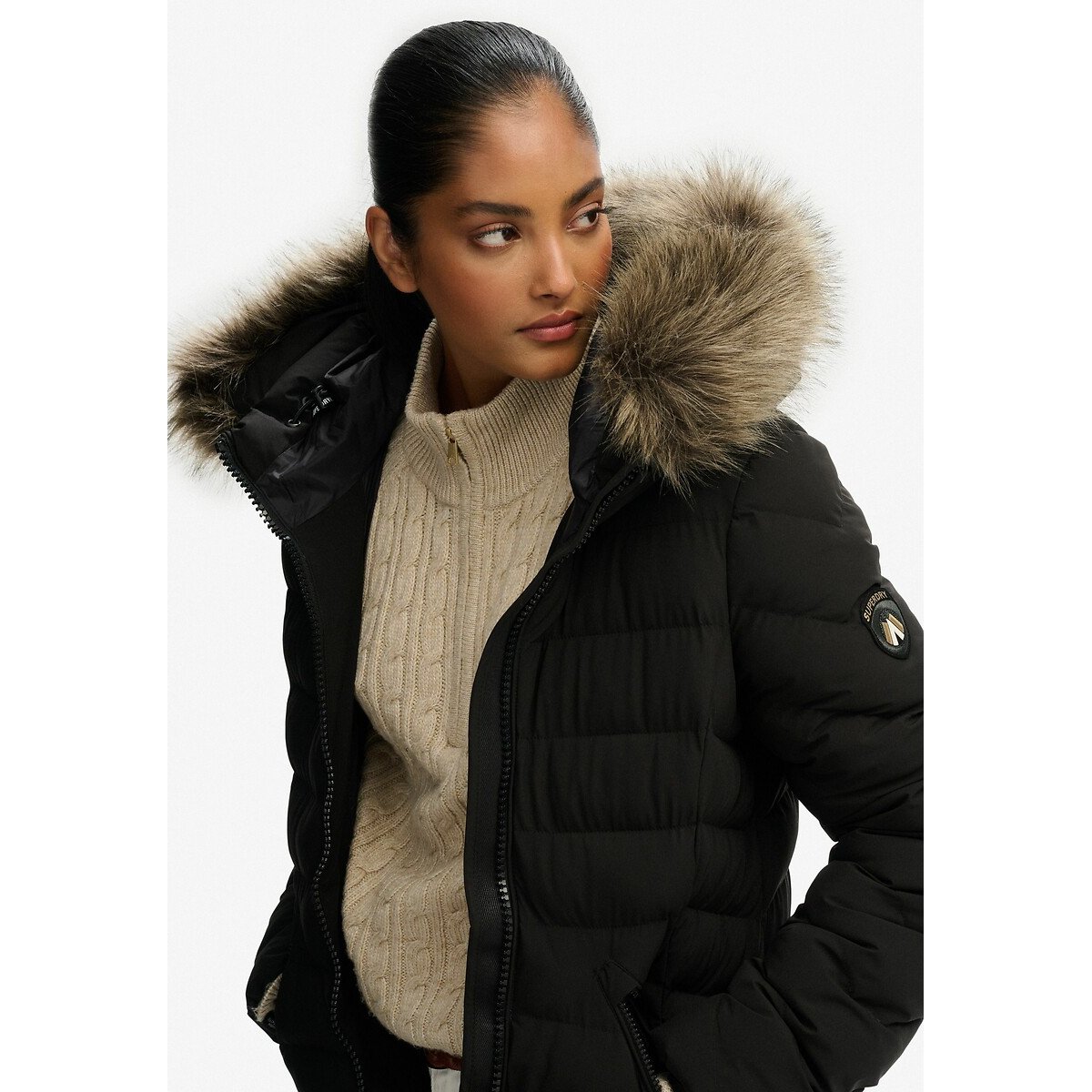 Veste longue à capuche en imitation fourrure Fuji noir, SUPERDRY