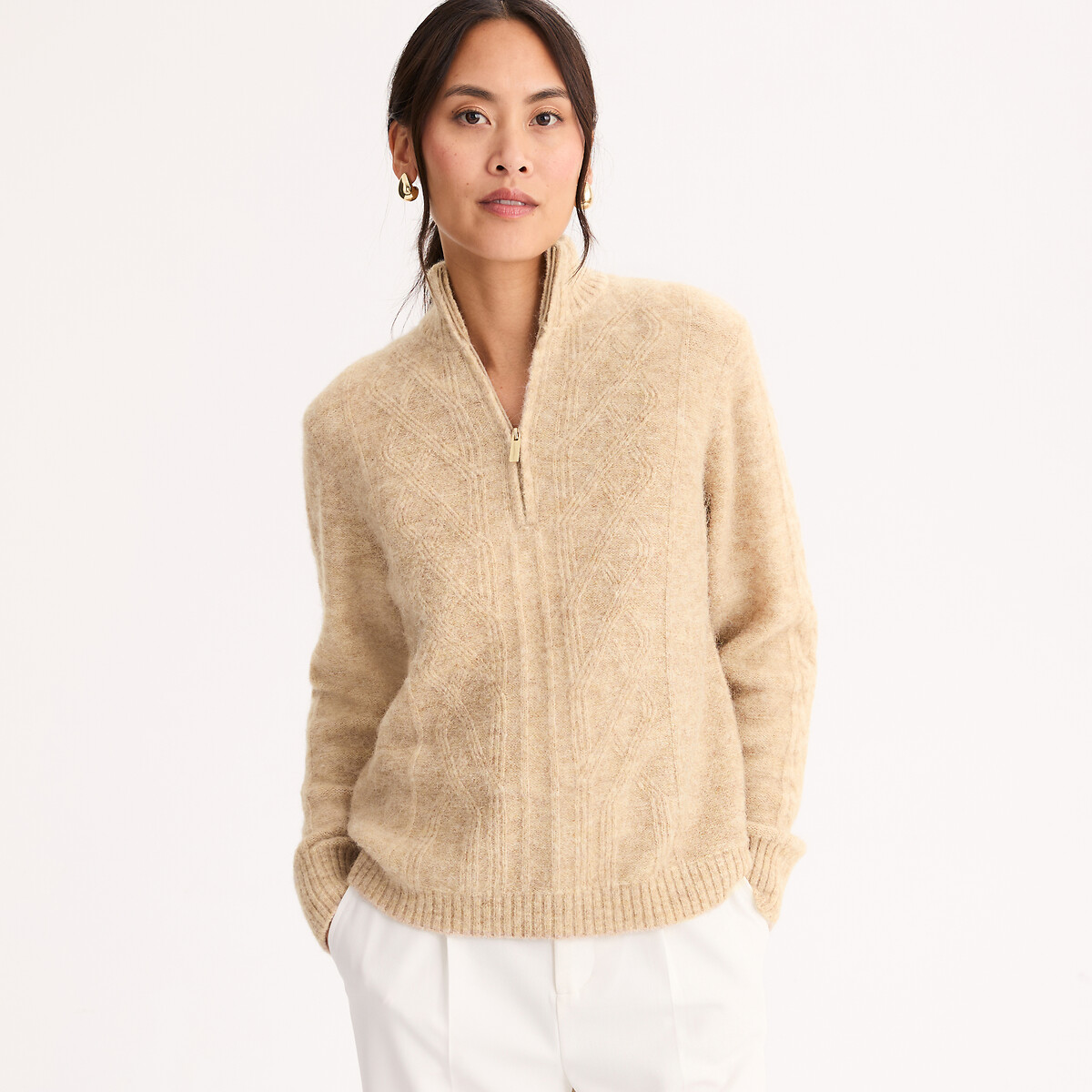 Pull col camionneur torsadé beige chiné, ANNE WEYBURN